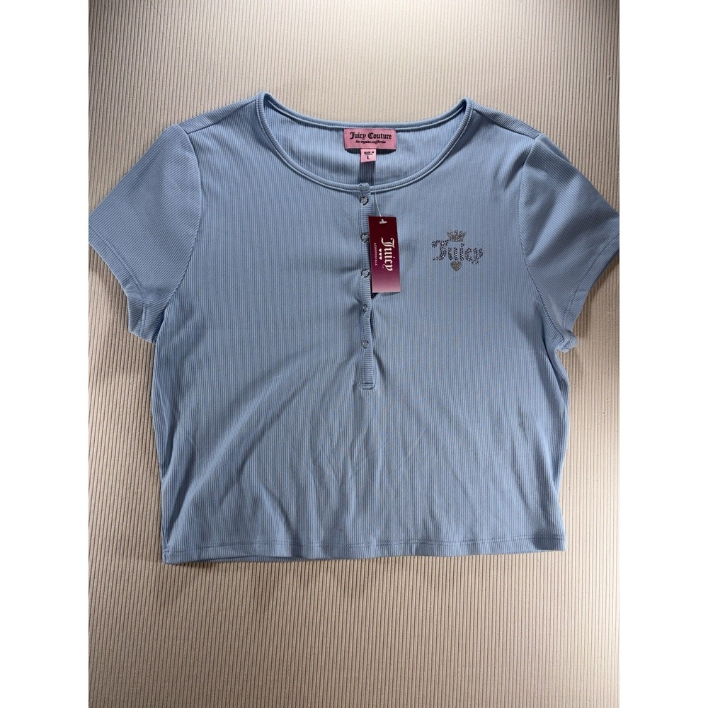 Juicy Couture Light Blue Ribbed Snap Up Henley Crop Top Rhinestone Logo NWT L